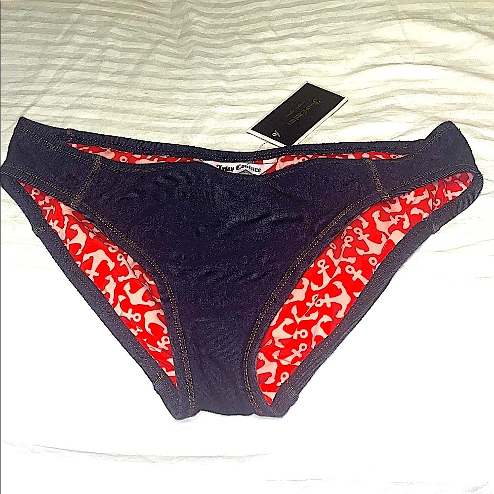 NWT Juicy Couture dark blue Denim look  Nautical print lined Bikini Bottoms Sz M